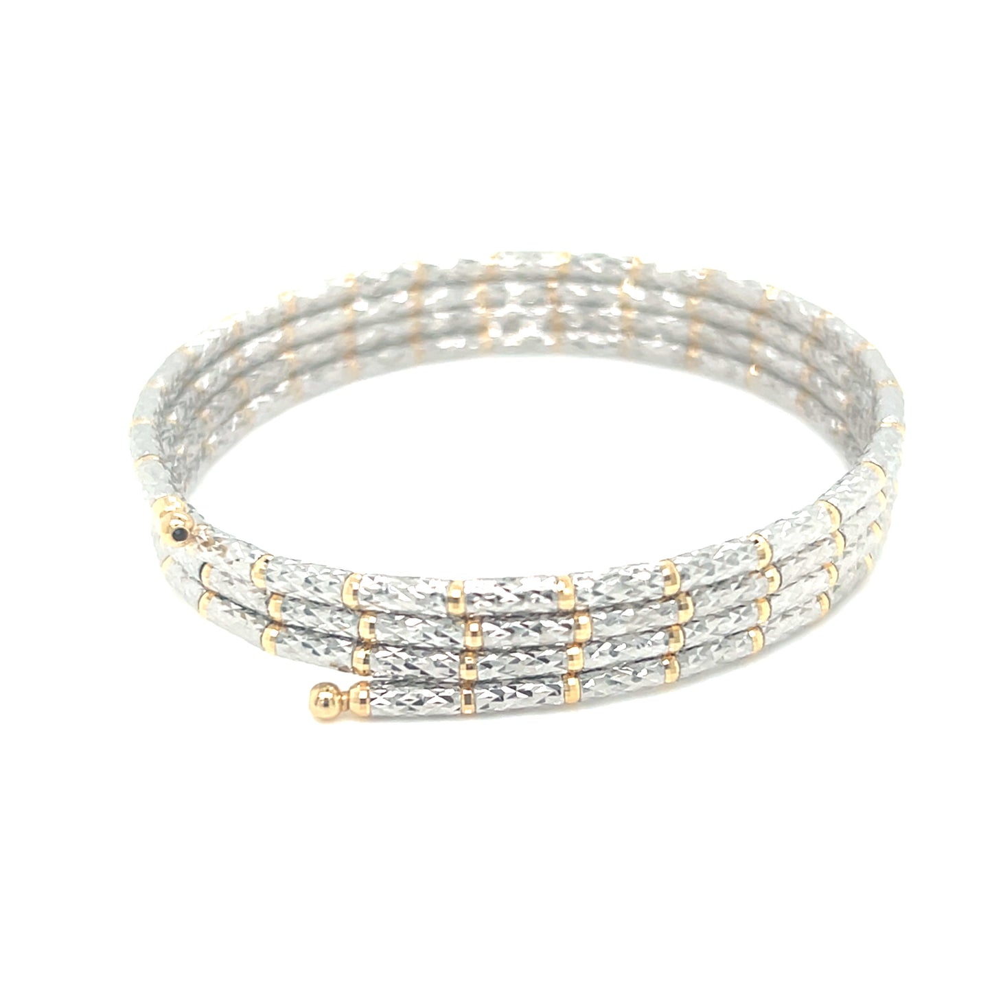 Set of silver and gold beaded bracelets on a white background