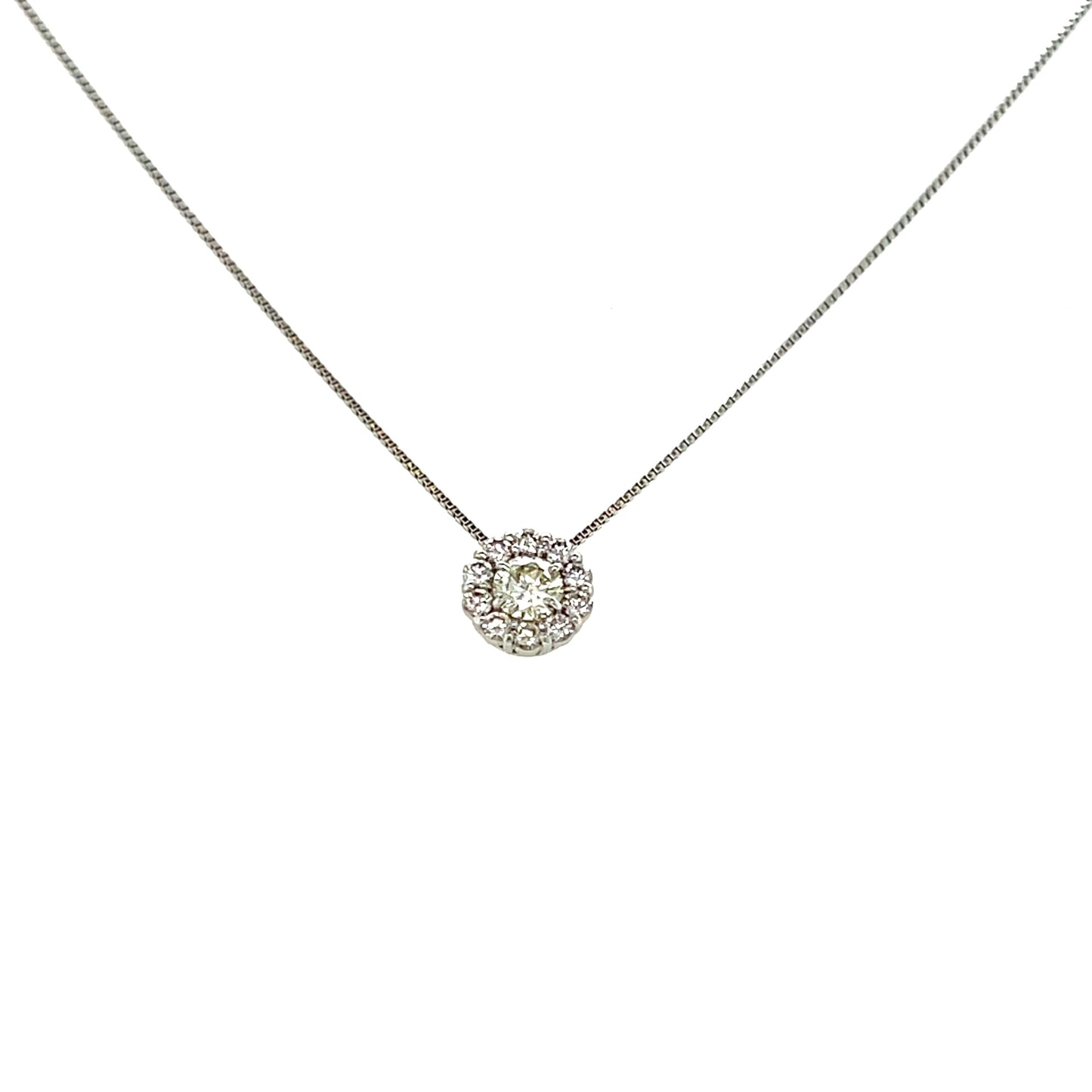 Necklace with a round halo pendant on a white background