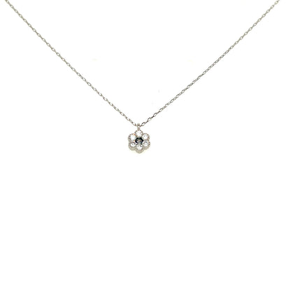 A delicate silver chain necklace with a small flower-shaped pendant featuring a clear central stone and silver petals, shown against a plain white background.
