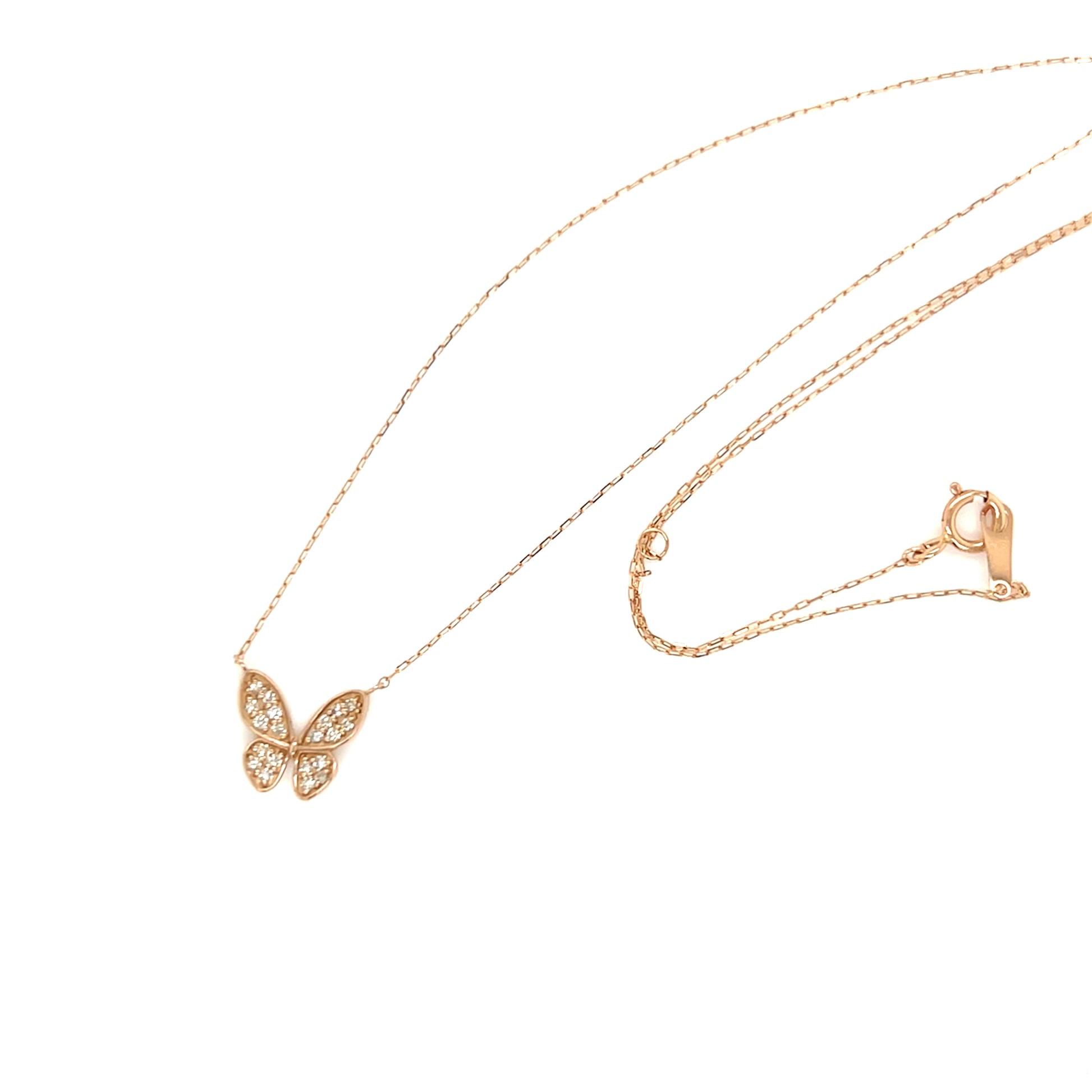 Rose gold butterfly necklace on a white background