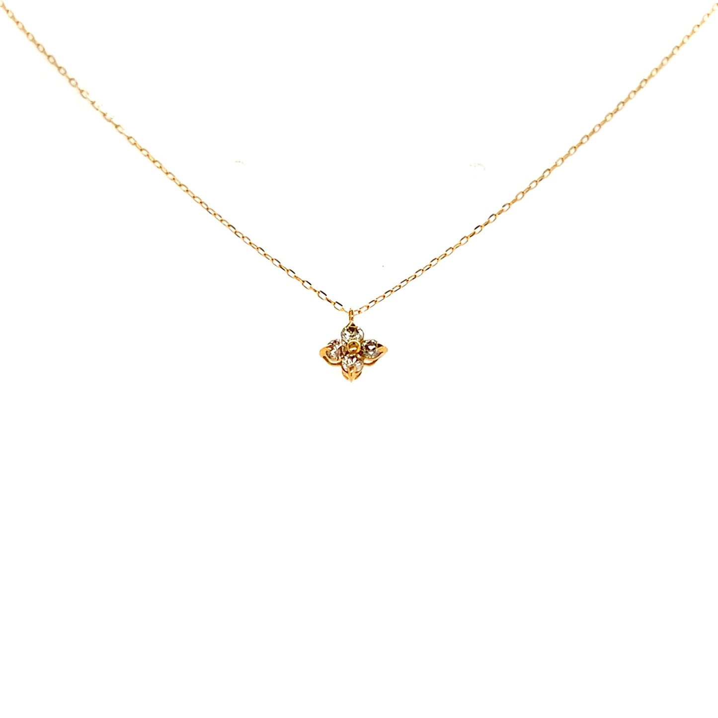 18k Gold necklace with a flower pendant on a white background