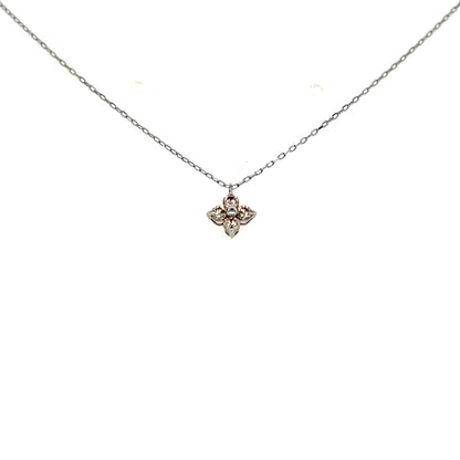 Platinum necklace with a small flower pendant on a white background