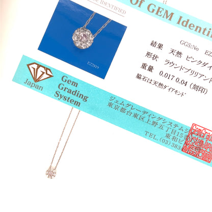 Necklace with gemstone and Japanese gem grading system certificate on a white background
