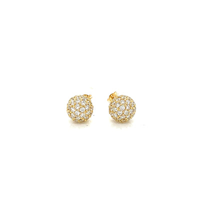 18k gold Diamond spherical earrings with clear stones on a white background