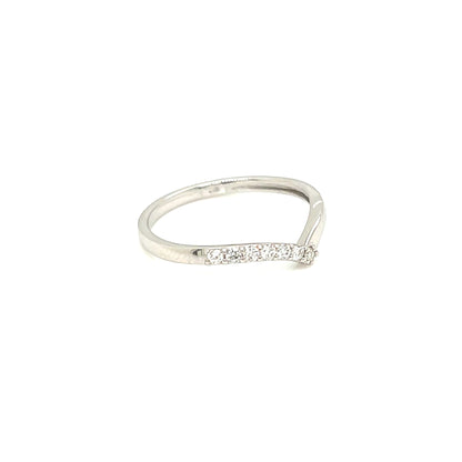 A slim silver ring with a curved band and a row of small clear stones along the front, shown on a plain white background.