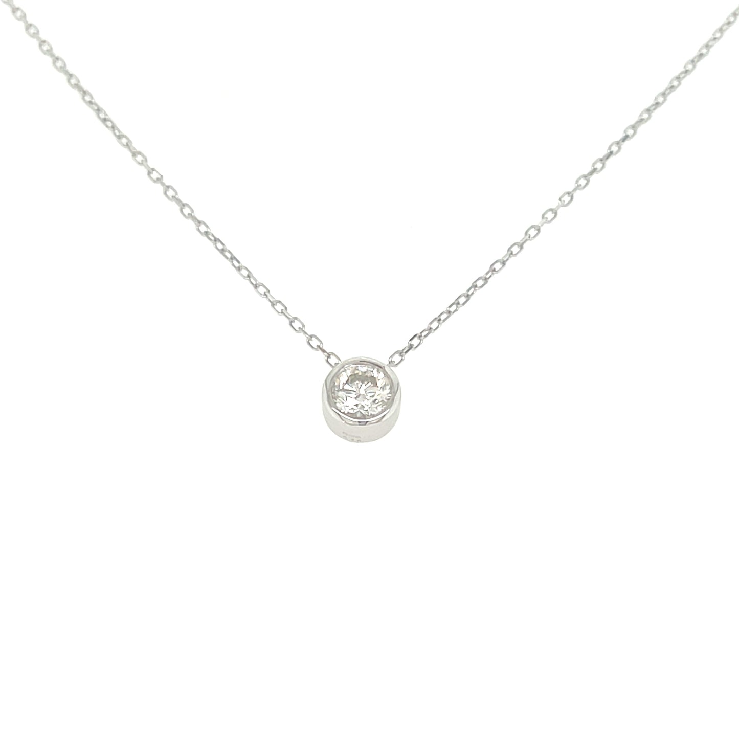 White gold necklace with a small round pendant on a white background