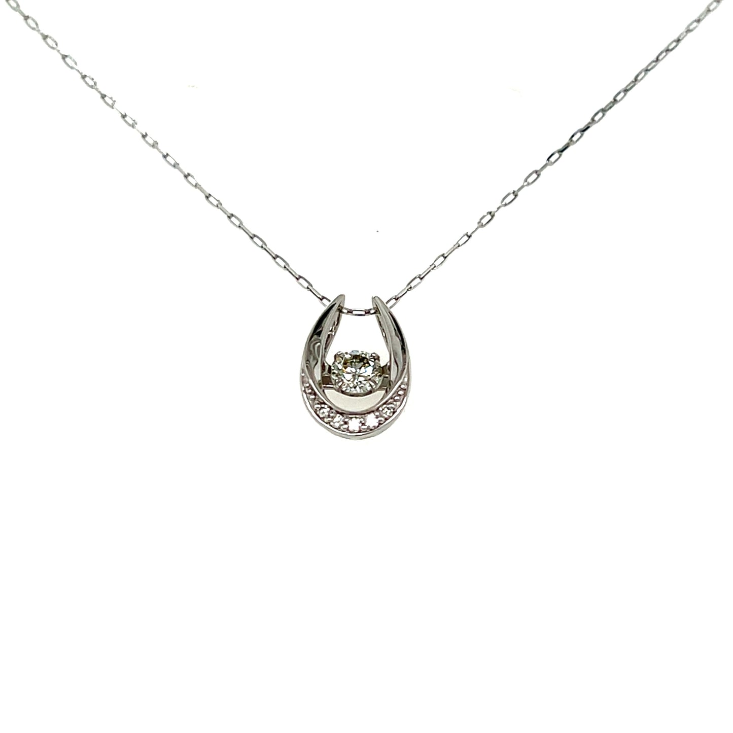 Platinum dancing stone horseshoe pendant necklace on a white background