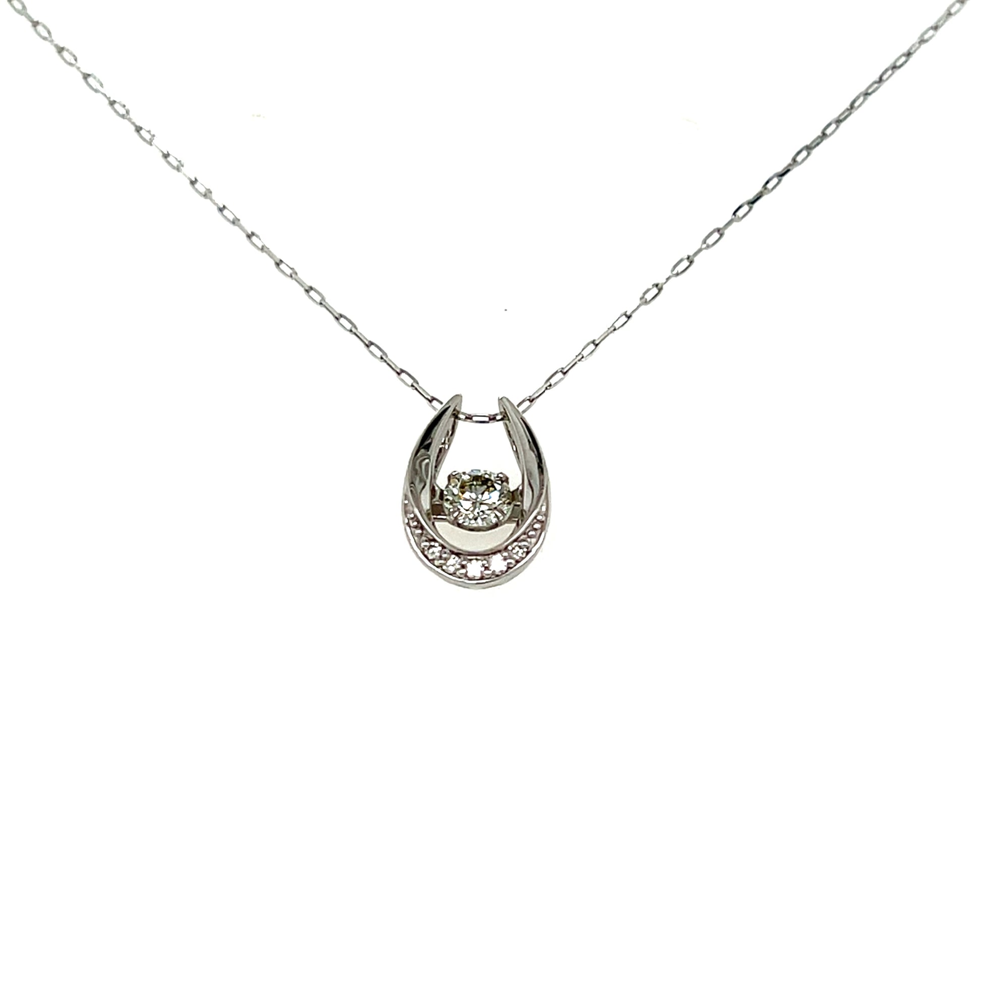 Platinum dancing stone horseshoe pendant necklace on a white background