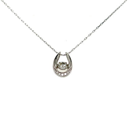 Platinum dancing stone horseshoe pendant necklace on a white background