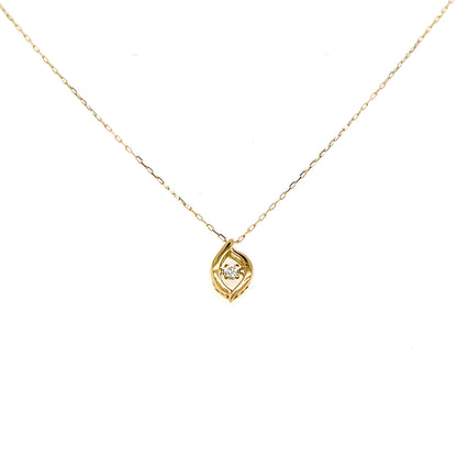 A delicate gold chain necklace with a small teardrop-shaped pendant featuring a clear central gemstone, displayed against a solid white background.