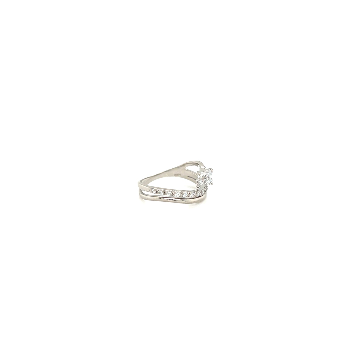 white gold ring with small diamonds on a white background