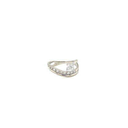 Platinum ring with a small diamond on a white background