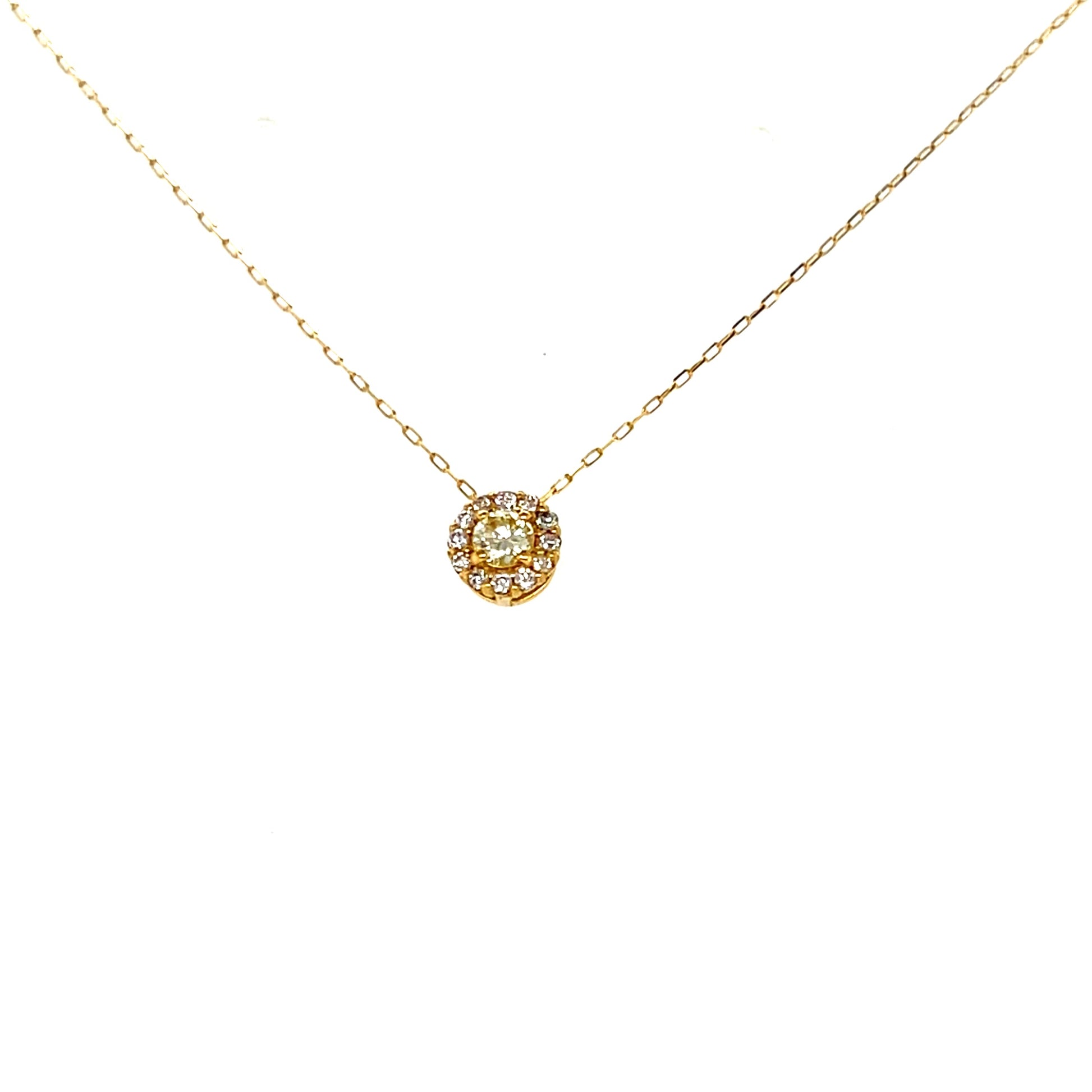 Gold necklace with a round pendant on a white background