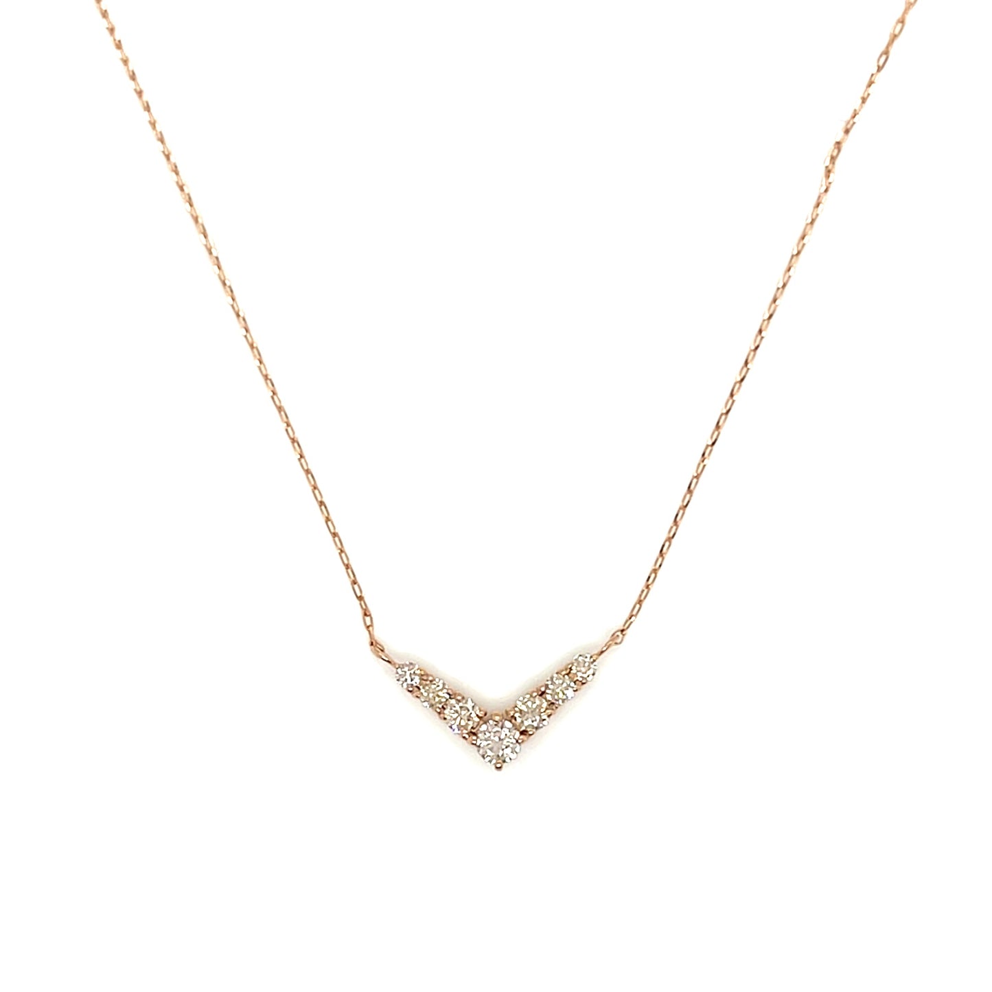 Rose gold necklace with a V-shaped pendant on a white background