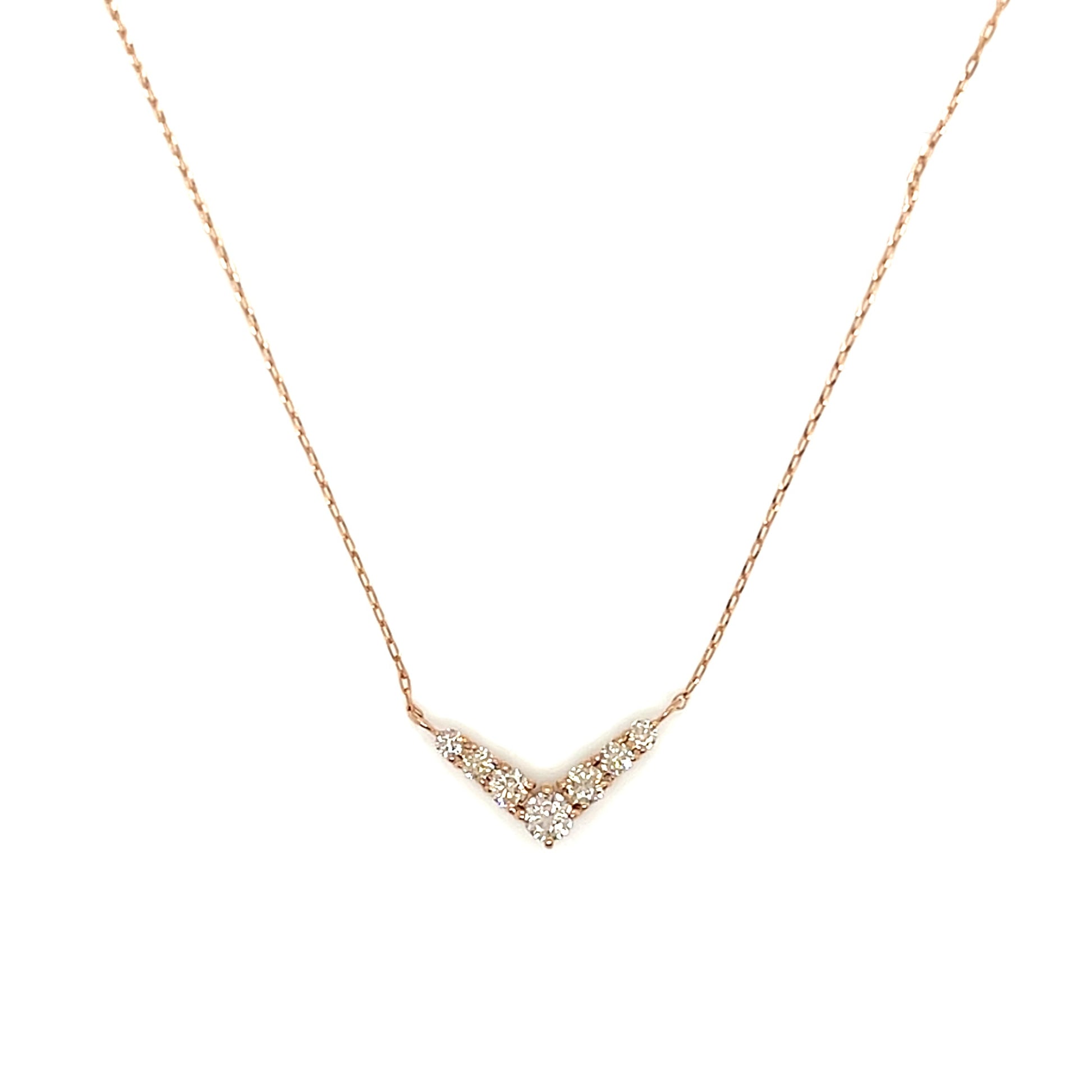 Rose gold necklace with a V-shaped pendant on a white background