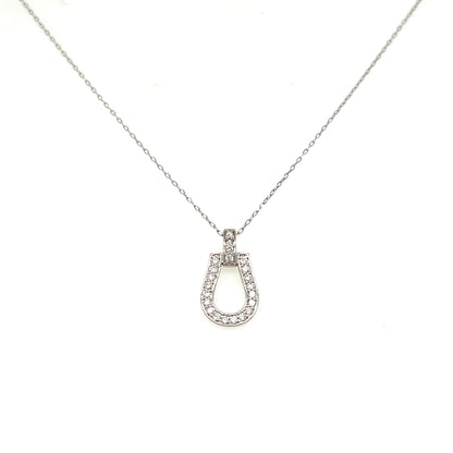 A silver horseshoe pendant necklace adorned with small clear stones, suspended from a delicate silver chain against a plain white background.