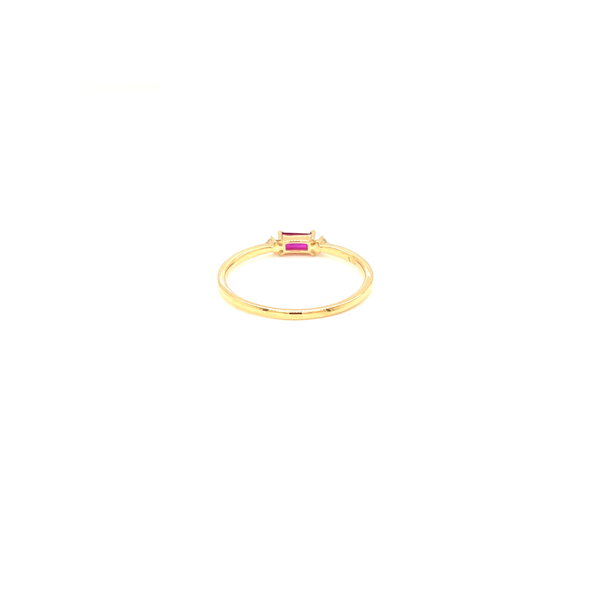 A delicate yellow gold ring featuring a small rectangular pink gemstone in a prong setting, centered on a plain white background.