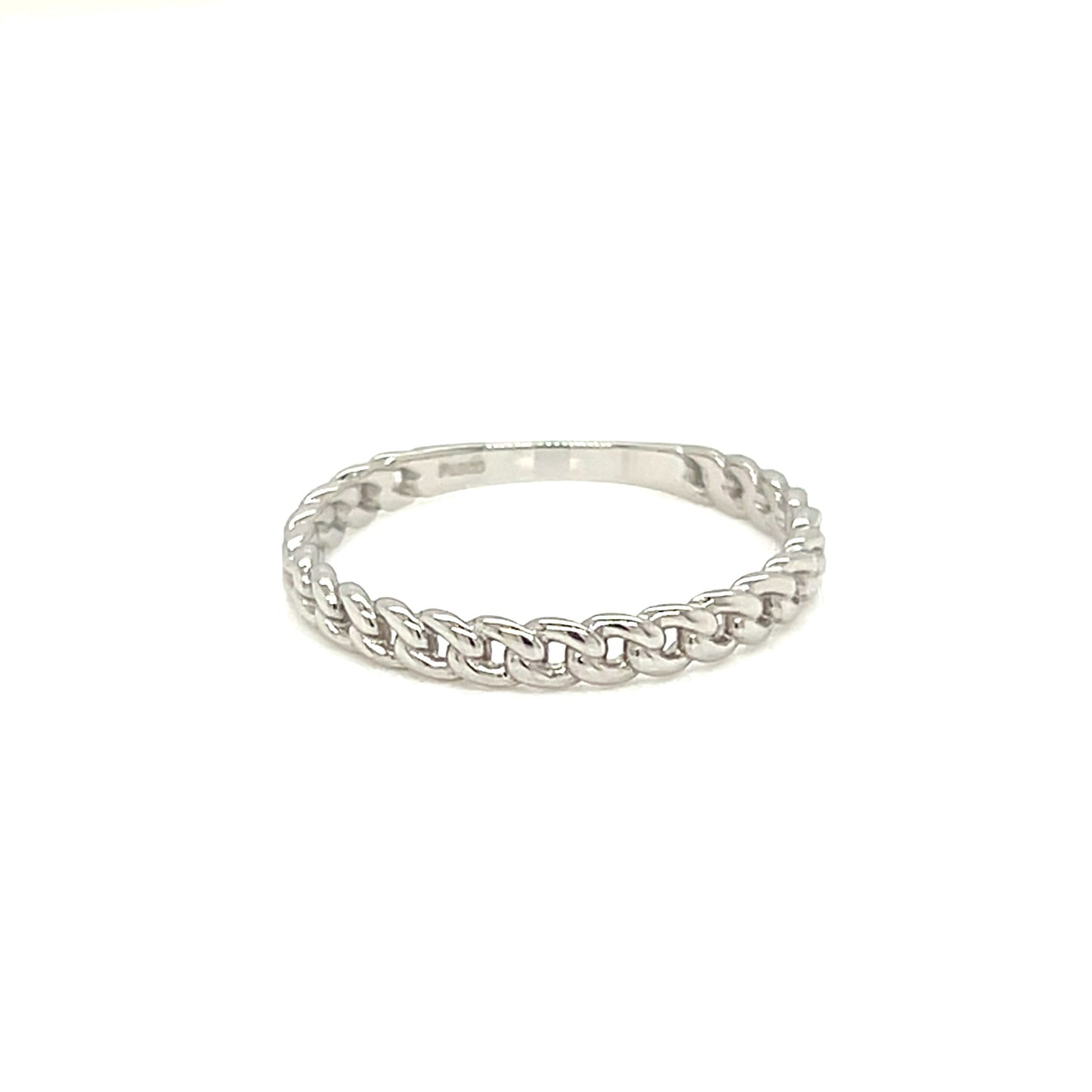 A silver-toned chain link ring with a textured, woven appearance, shown on a plain white background.
