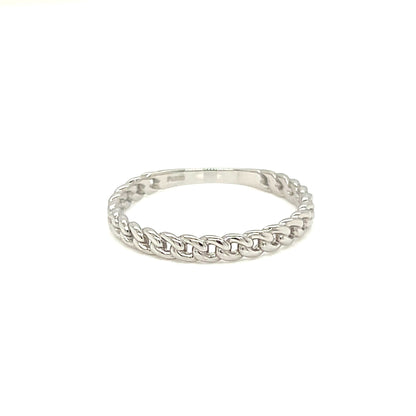 A silver-toned chain link ring with a textured, woven appearance, shown on a plain white background.