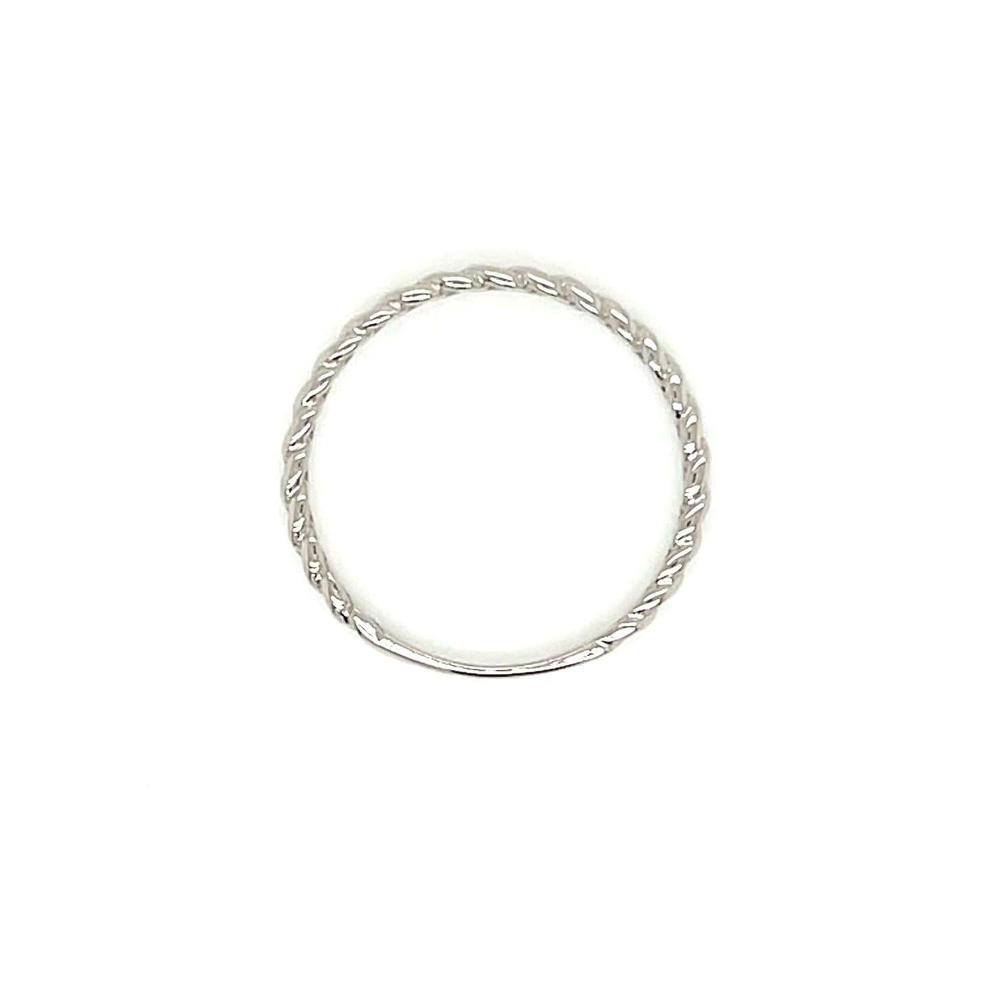 A thin silver ring with a textured, twisted rope-like band, centered on a plain white background.