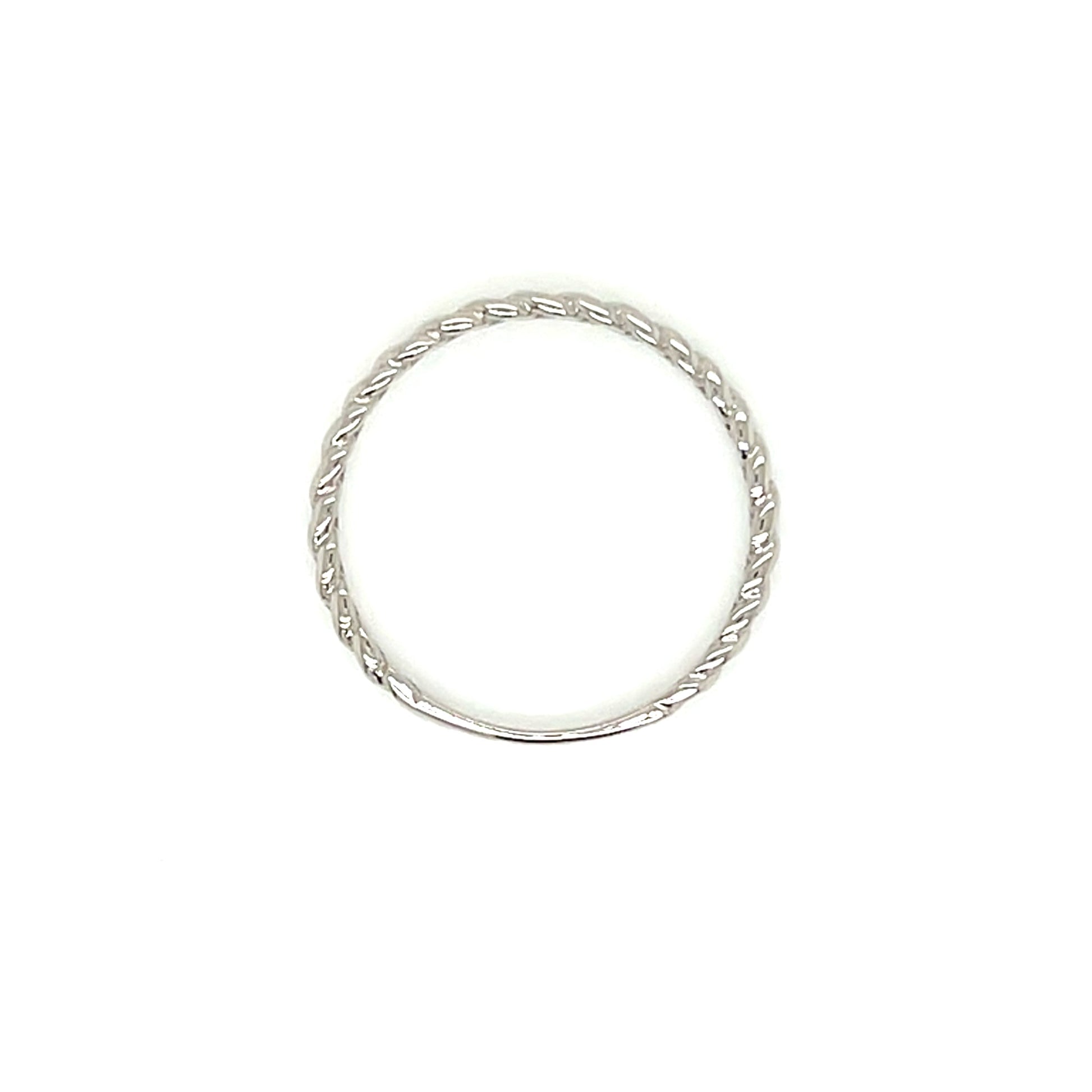 A thin silver ring with a textured, twisted rope-like band, centered on a plain white background.