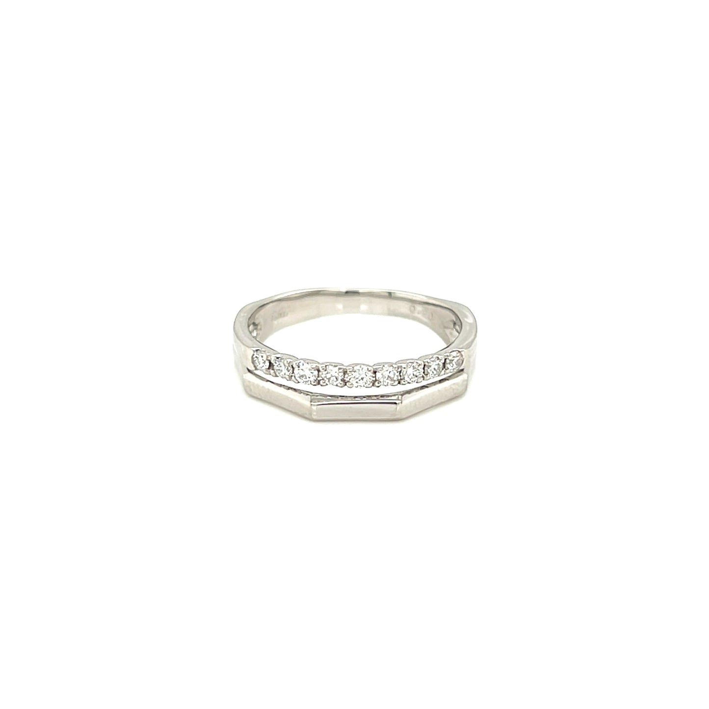 platinum ring with small diamonds on a white background