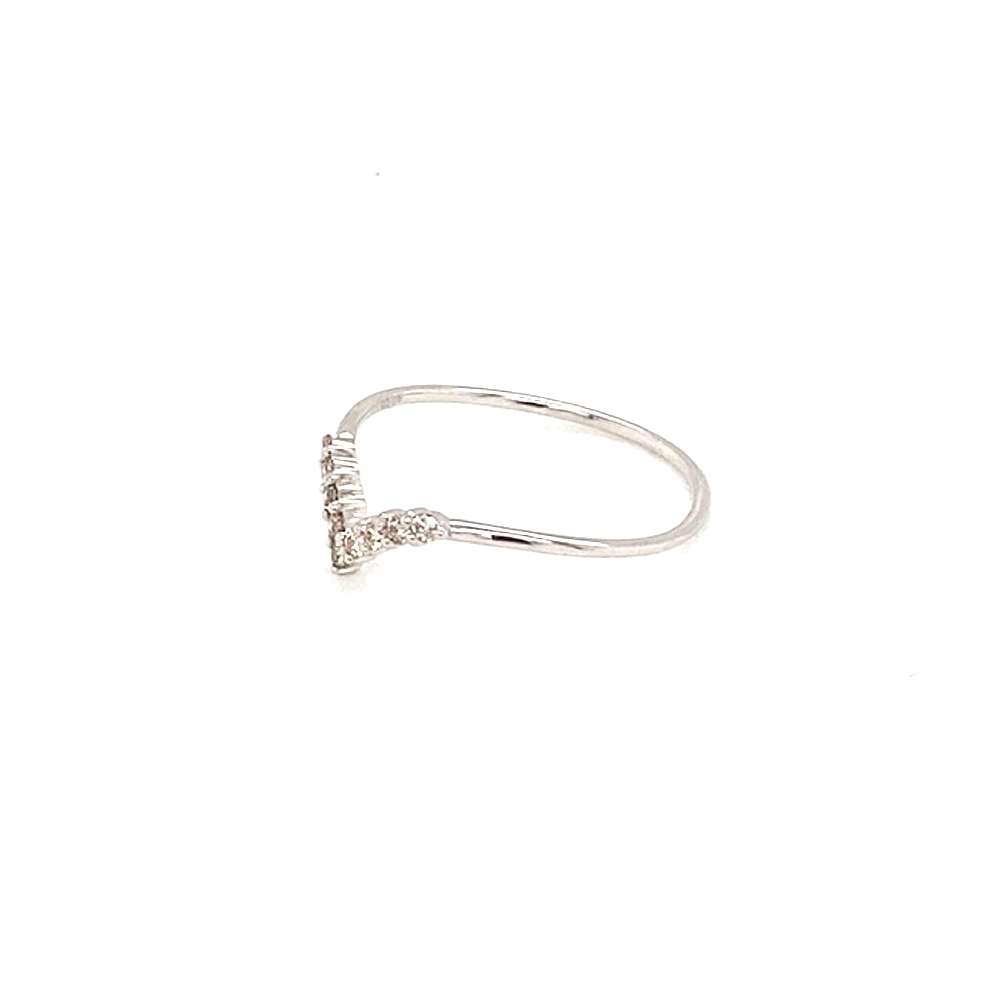 V shape diamond pinky ring with small diamonds on a white background