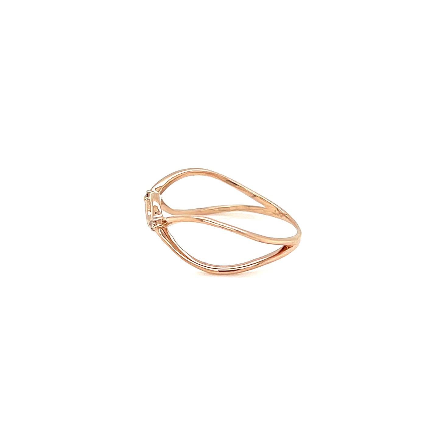 Rose gold ring with a leaf design on a white background