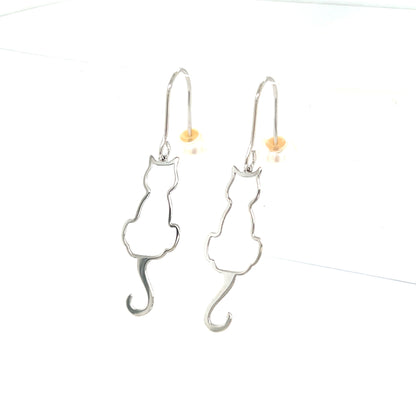 Silver cat-shaped earrings on a white background