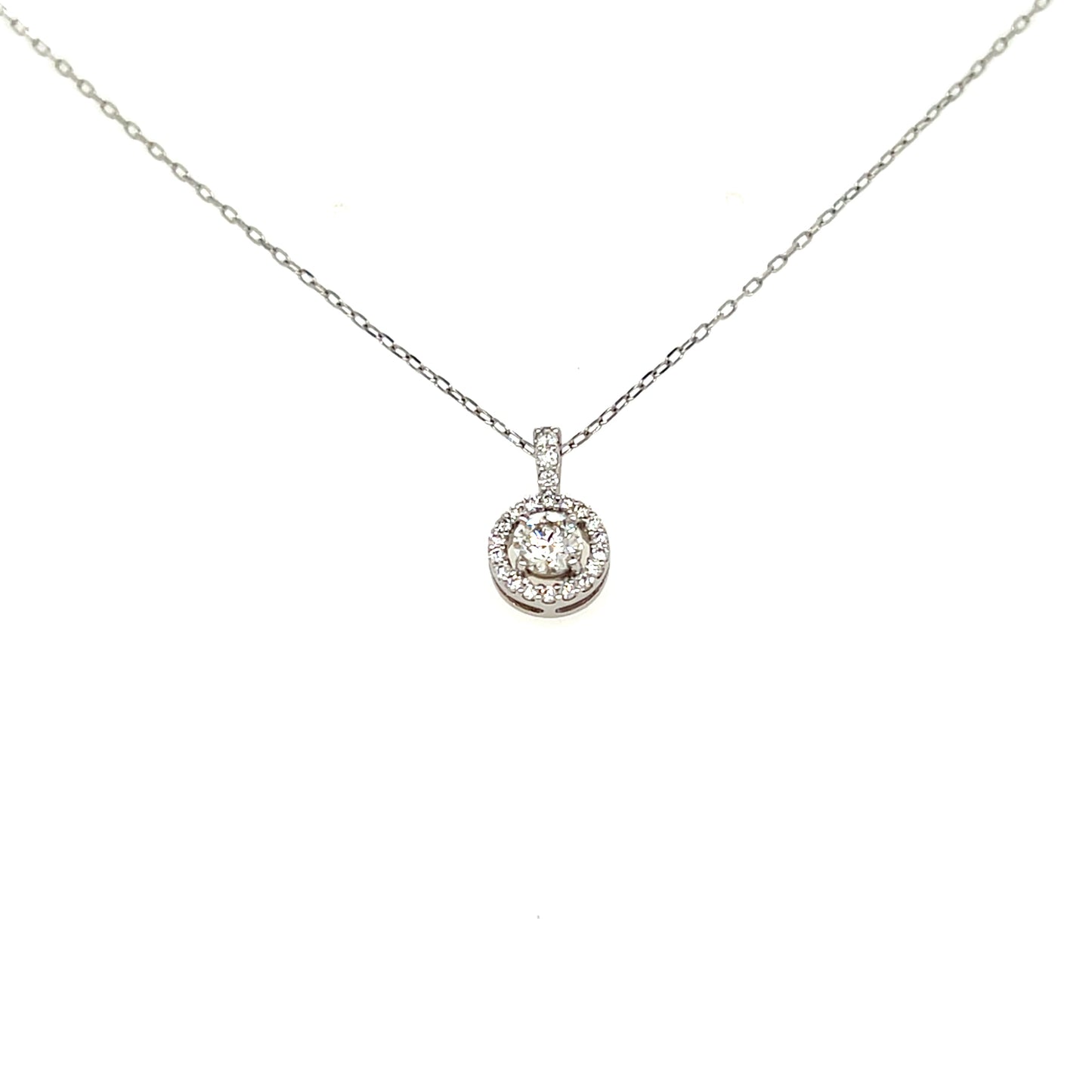A silver-toned diamond necklace with a round halo pendant on a delicate chain, shown against a plain white background.