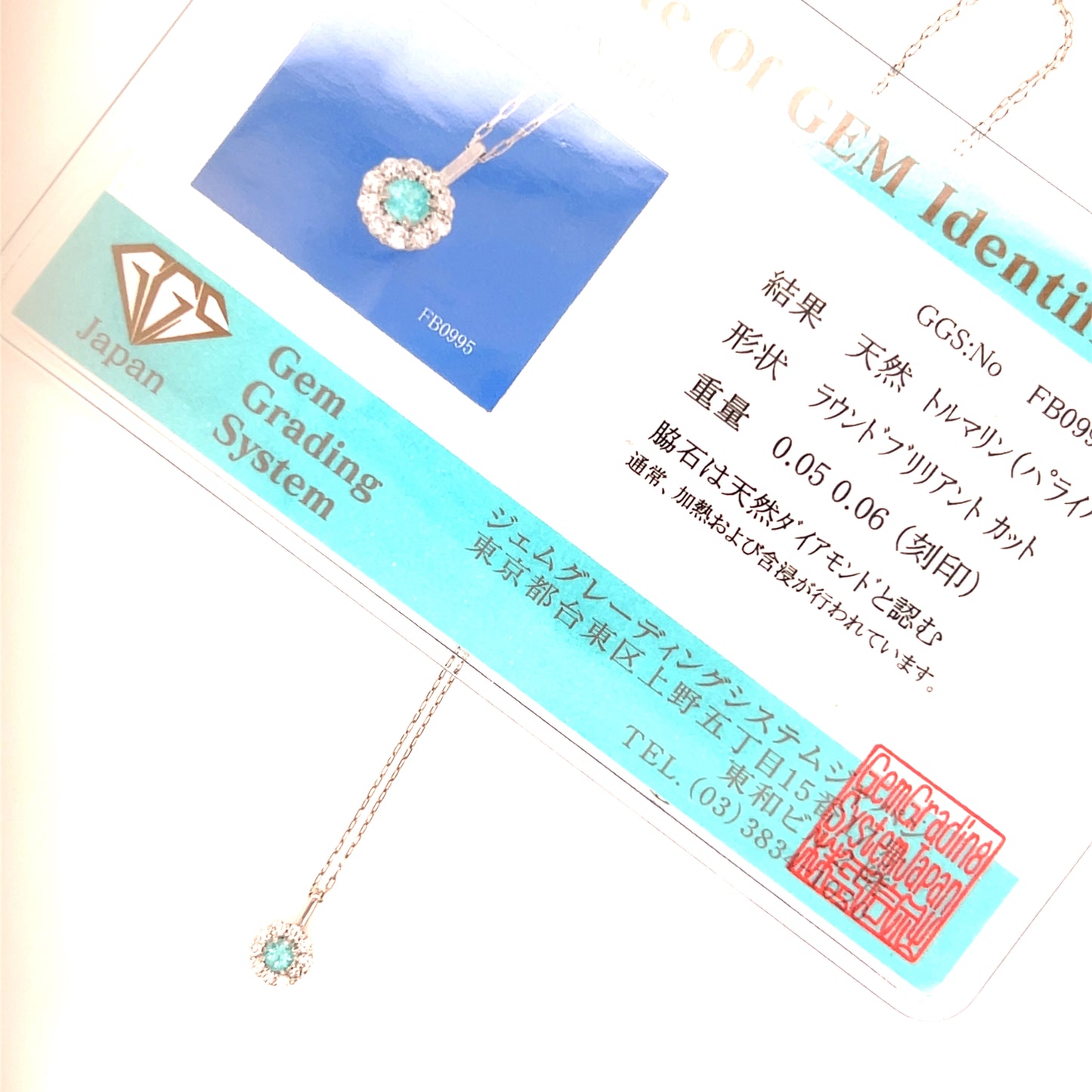 Jewelry with a Paraiba and certification card on a light background
