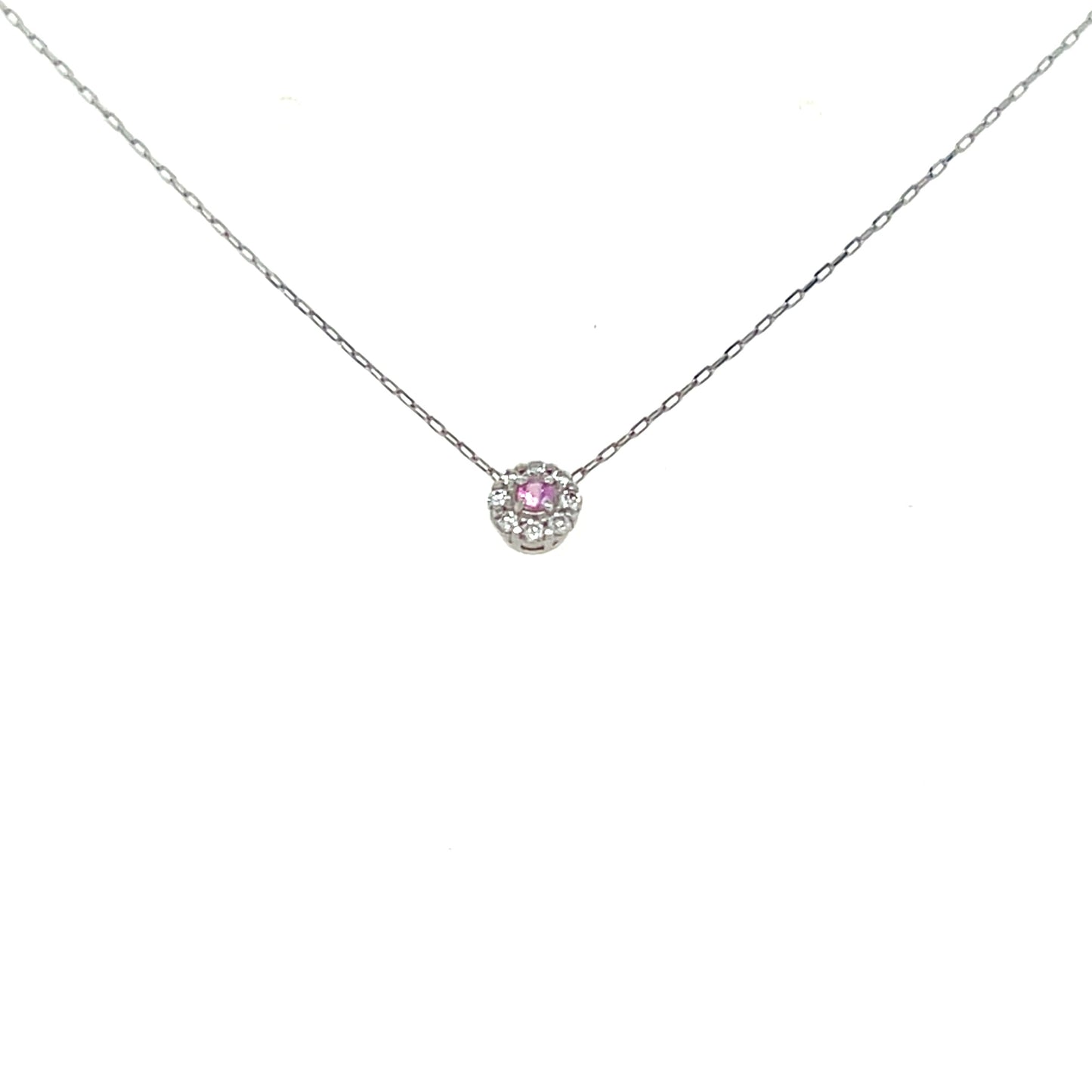 Necklace with halo design pink sahppire pendant on a white background