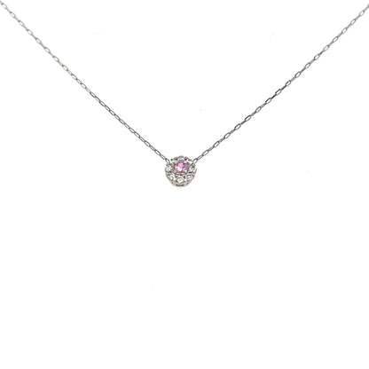 Necklace with halo design pink sahppire pendant on a white background