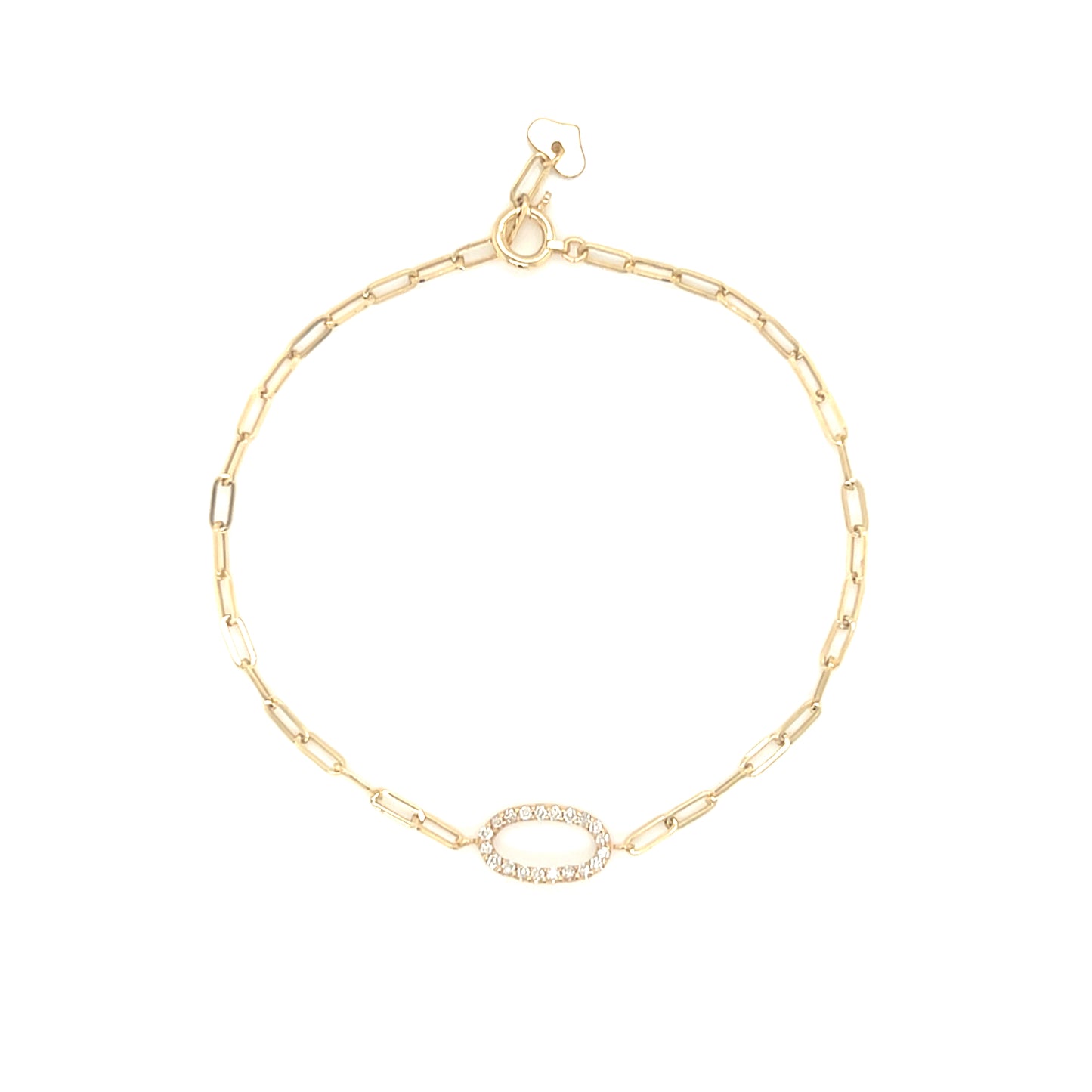 Paperclip Gold bracelet with a small oval charm on a white background