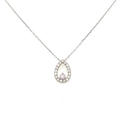A delicate silver-toned chain necklace with a teardrop-shaped pendant. The pendant features a silver halo surrounded by small clear stones, with a central pink gemstone at the bottom, set against a plain white background.