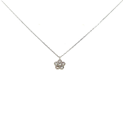 Platinum necklace with a delicate flower pendant on a white background