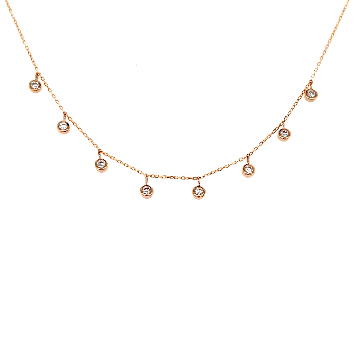 Rose gold necklace with small diamonds on a white background