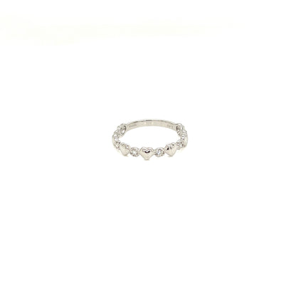 A delicate silver band ring featuring a row of small, polished heart-shaped beads, shown against a plain white background.