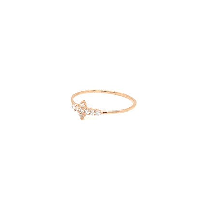 A delicate rose gold ring with a small cluster of clear gemstones at the center, shown on a plain white background.