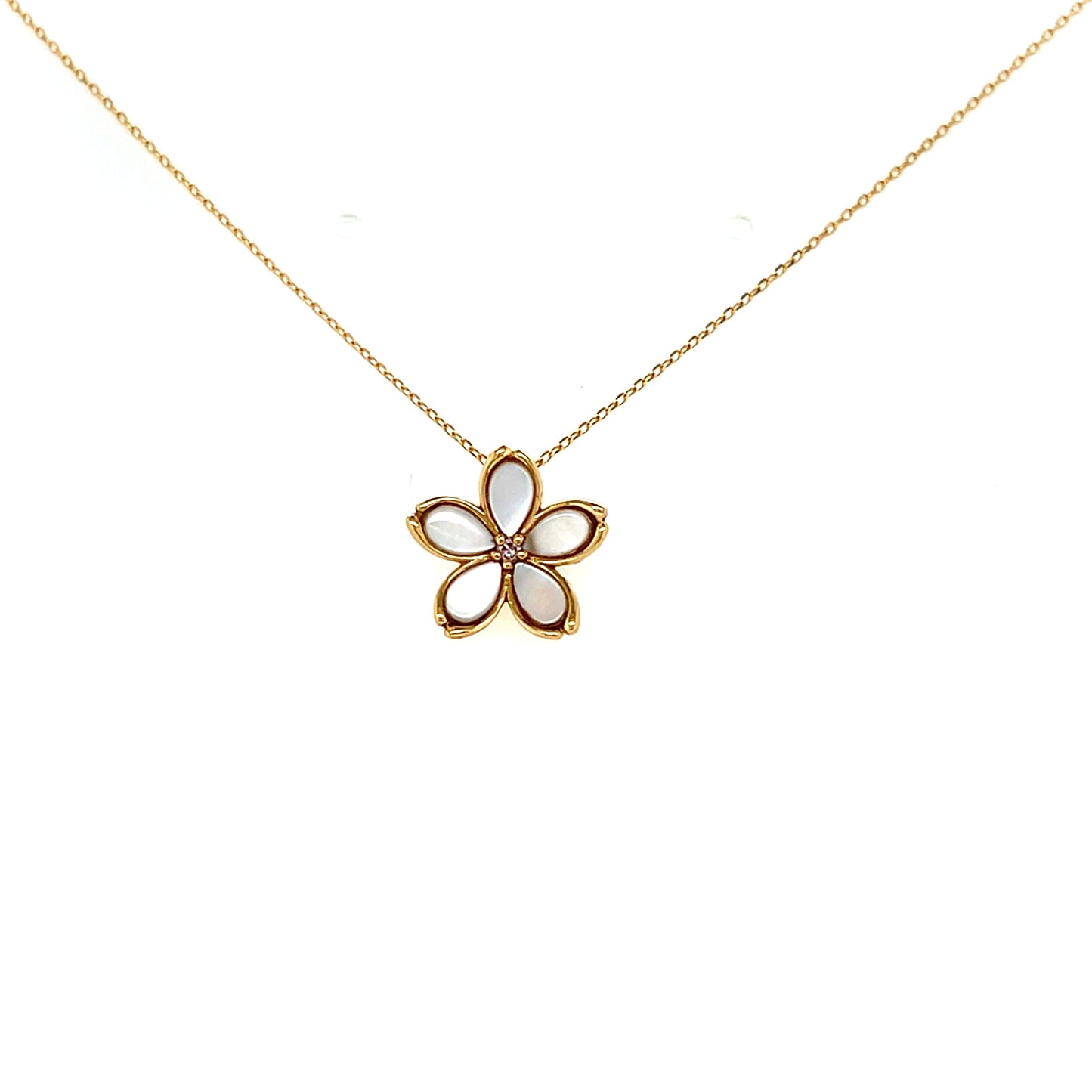 Gold necklace with a Sakura flower-shaped pendant on a white background