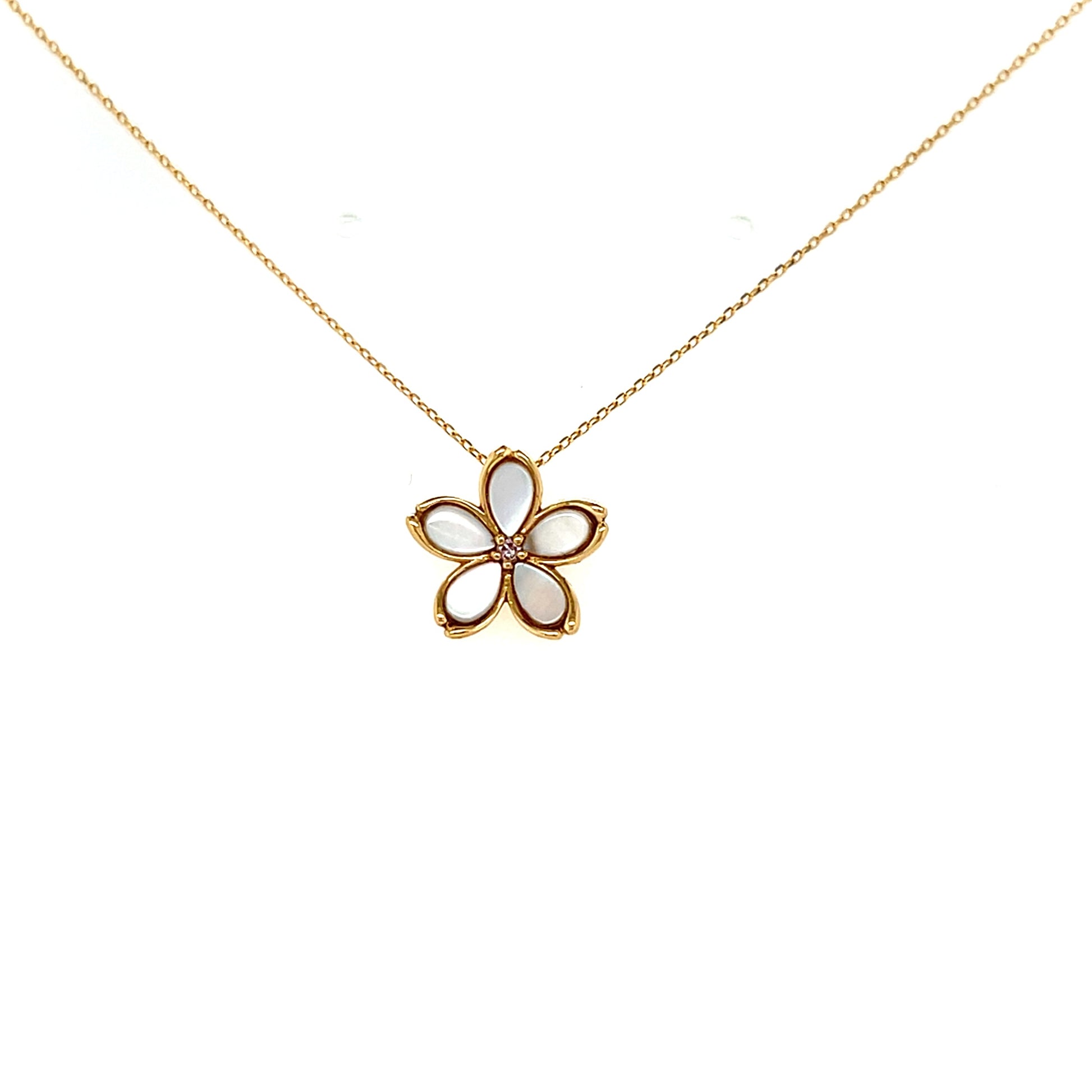 Gold necklace with a Sakura flower-shaped pendant on a white background