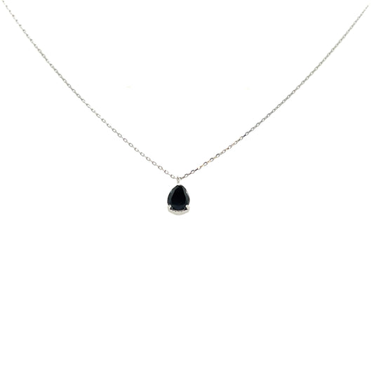 Necklace with a black diamond teardrop pendant on a white background