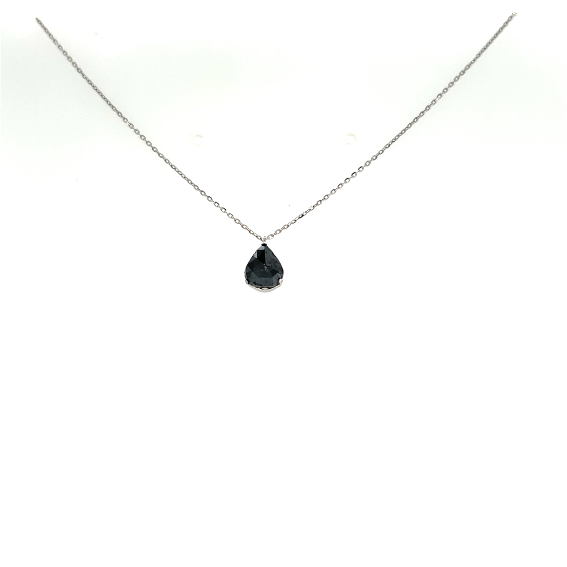 Necklace with a black diamond teardrop pendant on a white background