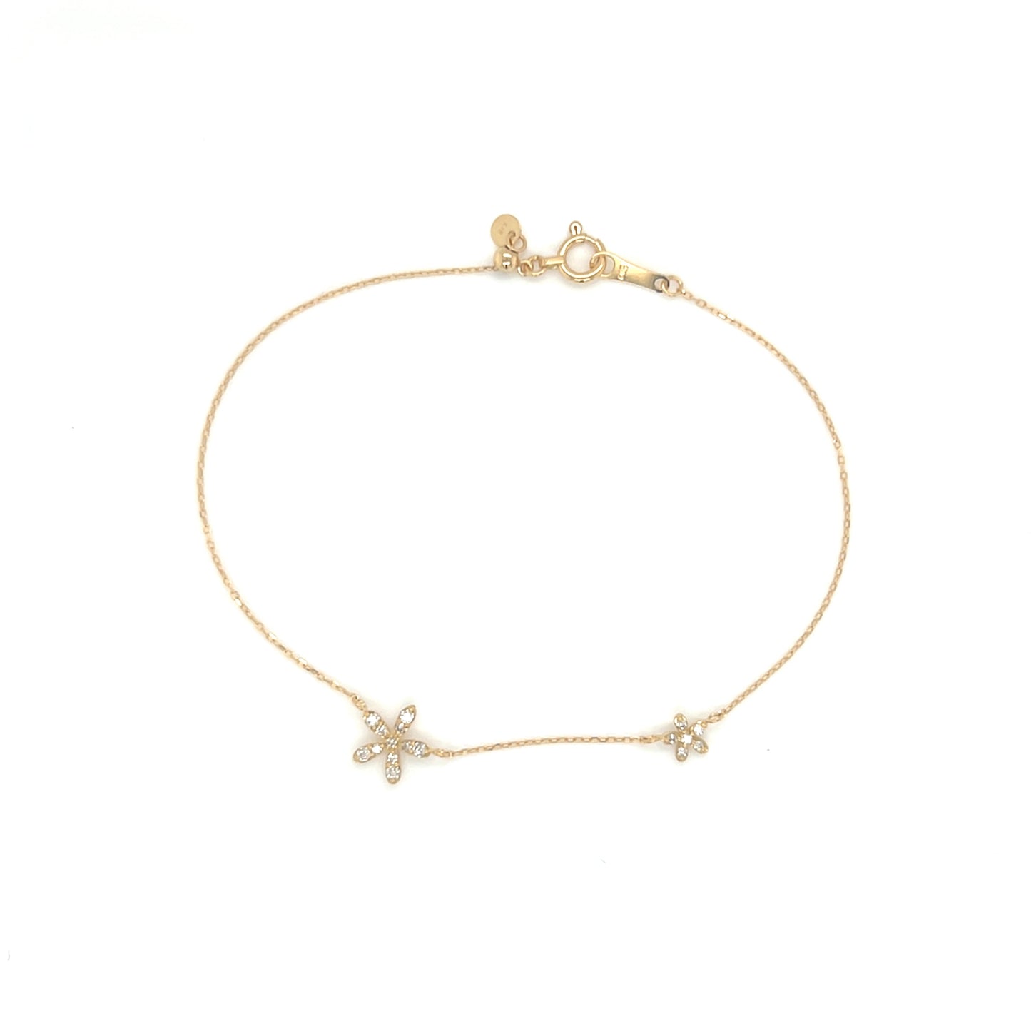 Gold bracelet with flower-shaped charms on a white background
