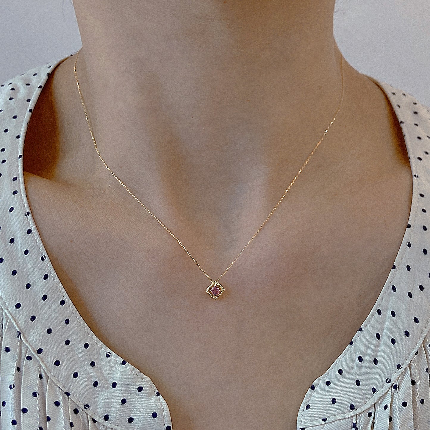 Rhombus Birthstone Necklace (Oct - Pink Tourmaline)